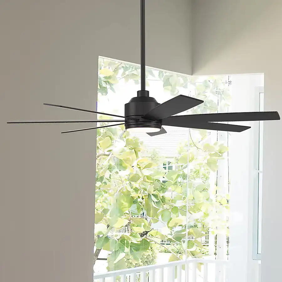 Harbor Breeze Cogdell 60-in Matte Black with Black/Auburn Blades Color-changing Integrated LED Indoor/Outdoor Downrod or Flush Mount Ceiling Fan with Light and Remote (7-Blade)