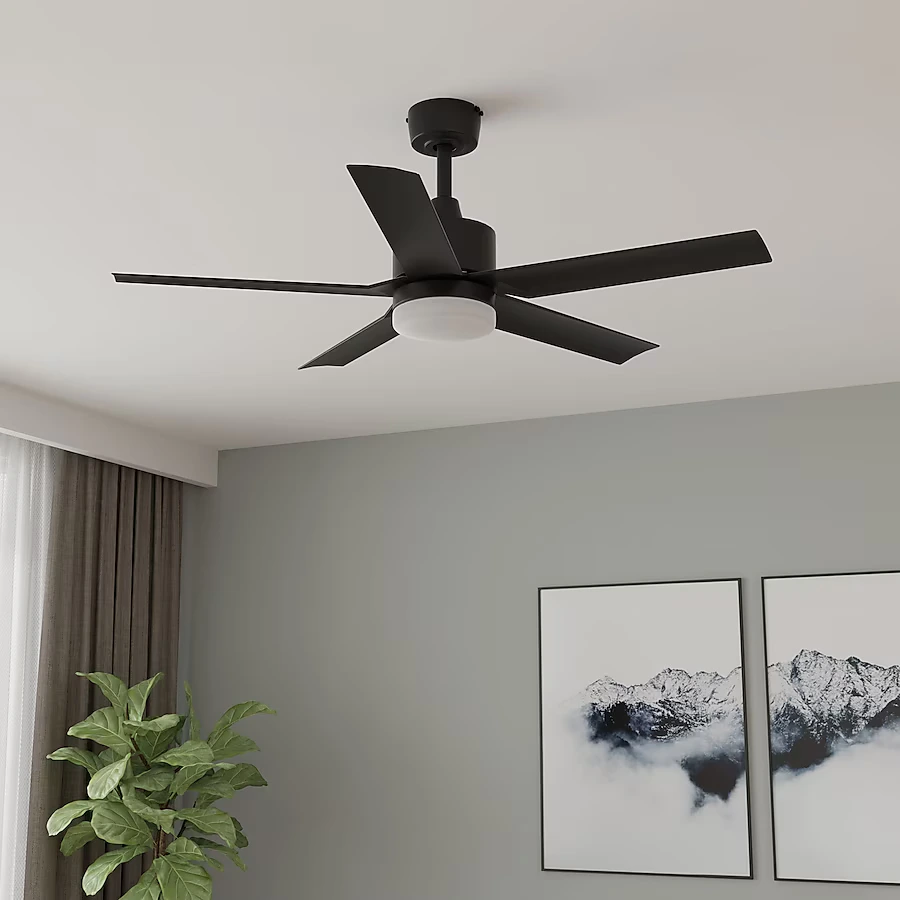 Harbor Breeze Reidsport 44-in Matte black Color-changing Integrated LED Indoor/Outdoor Downrod or Flush Mount Ceiling Fan with Light and Remote (5-Blade)